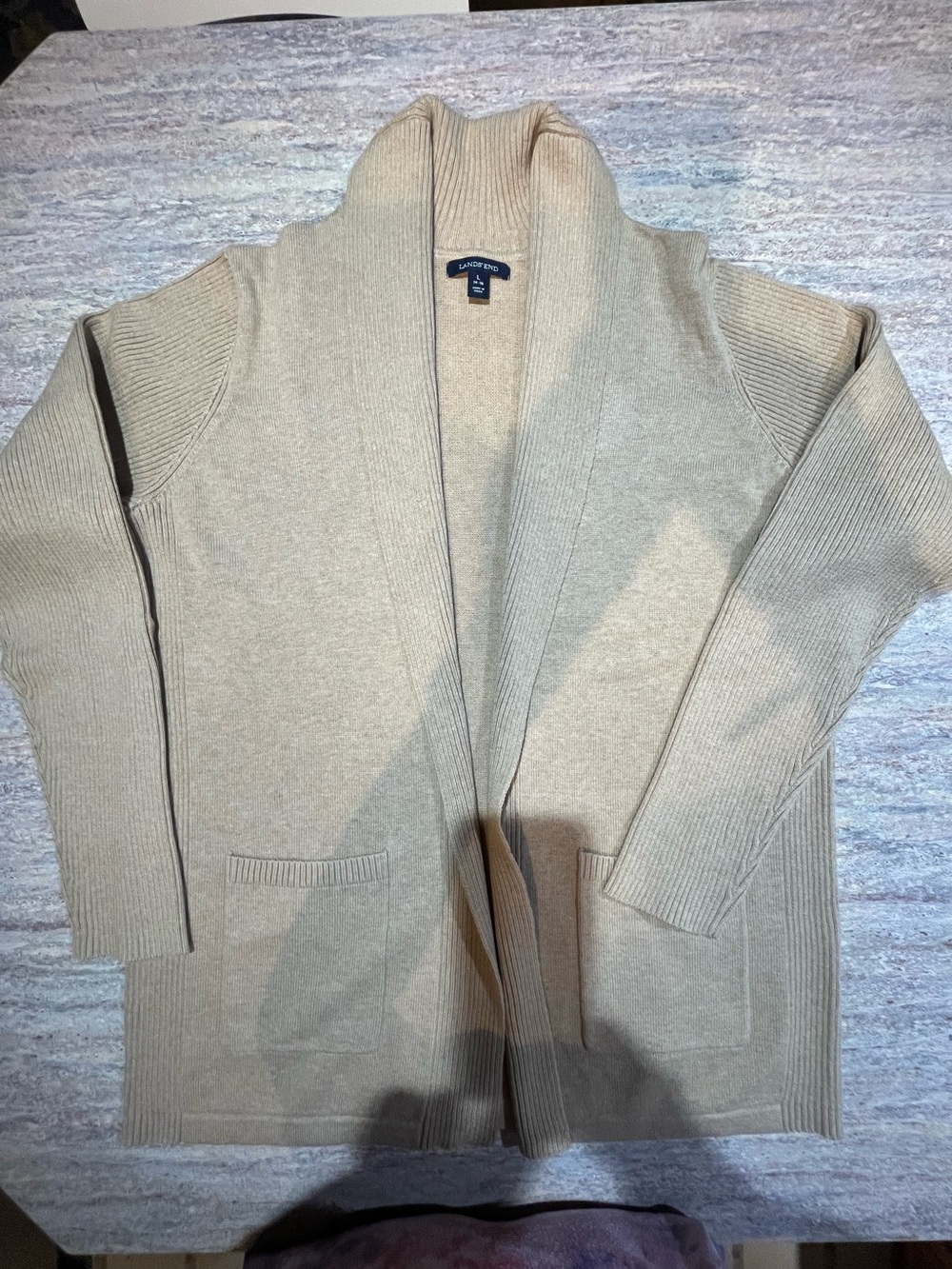 Lands' End Neutral Tan Large Open-Front Drape Cardigan NWOT